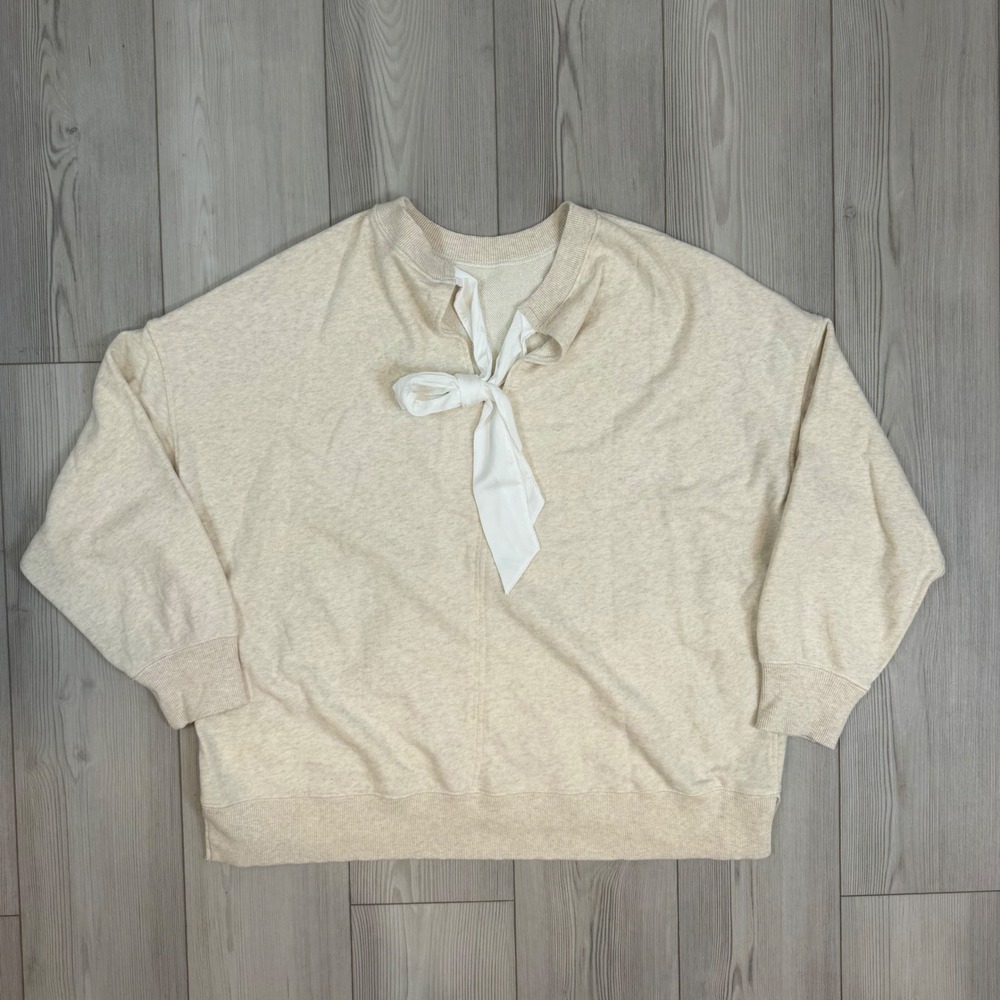 Aerie Oversized Oatmeal Heather Sweatshirt Back Bow Tie Detail Cream Large